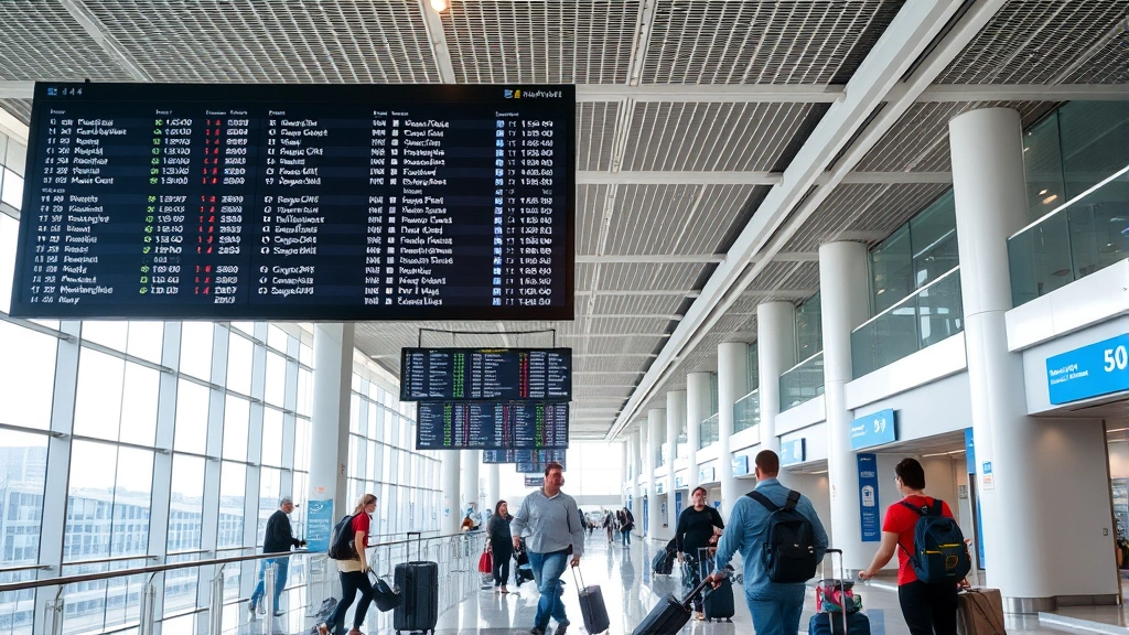 Modern airport terminal interior with international departure boards displaying flight information, travelers checking luggage, clean contemporary design, natural lighting from large windows