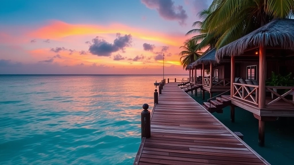 Scenic beach resort in Belize with wooden dock extending into crystal clear turquoise water, palm-thatched cabanas, sunset lighting, tropical paradise atmosphere