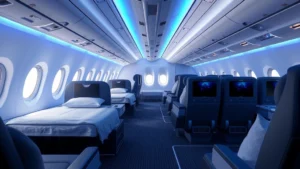 Modern wide-body aircraft cabin interior with business class lie-flat beds, blue ambient lighting, and spacious seating configuration designed for long-haul comfort, photorealistic cabin view