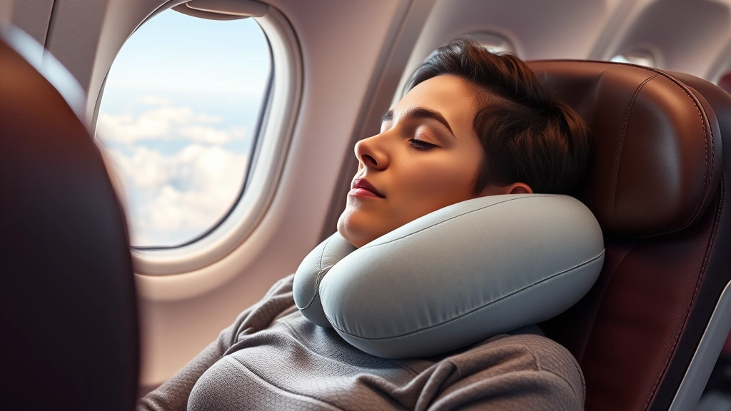 Passenger wearing ergonomic memory foam neck pillow while sleeping peacefully in airplane seat with window showing clouds outside, comfortable reclined position, soft lighting in cabin