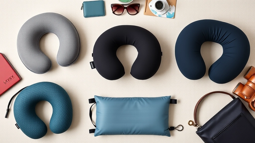 Flat lay product photography showing various neck pillow types: memory foam curved pillow, inflatable pillow, hybrid design, and carrying cases arranged on neutral background with travel items