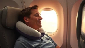 Traveler wearing a memory foam neck pillow while sleeping peacefully in an airplane window seat, morning light streaming through the window, realistic cabin environment