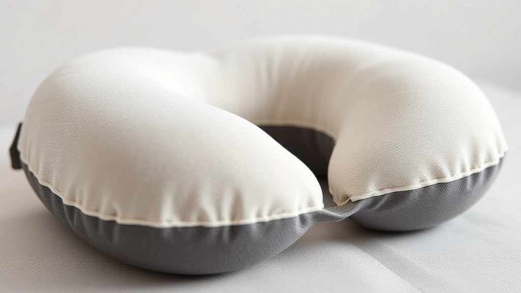 Close-up of premium ergonomic travel pillow showing contoured design and dual-chamber structure, soft fabric visible, neutral background, product photography style
