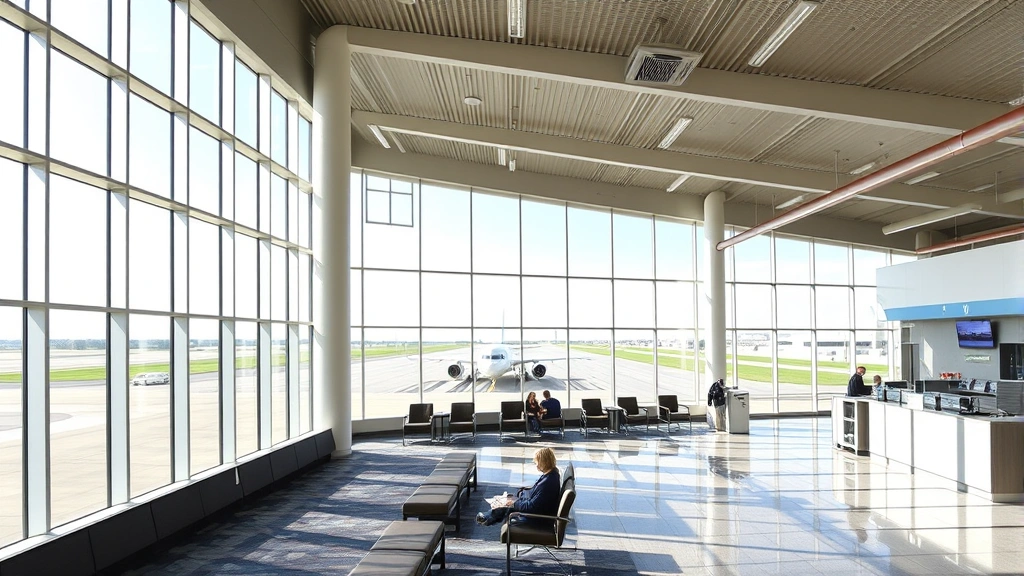 Bismarck Theodore Roosevelt Regional Airport terminal interior, comfortable seating area, large windows showing runway, modern airport amenities, natural lighting