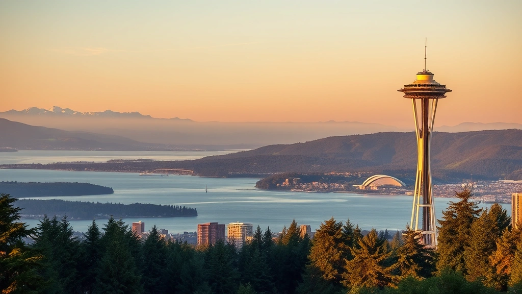 Scenic Pacific Northwest landscape showing Seattle skyline with Space Needle, Puget Sound water, evergreen forests, mountains in distance, golden hour lighting