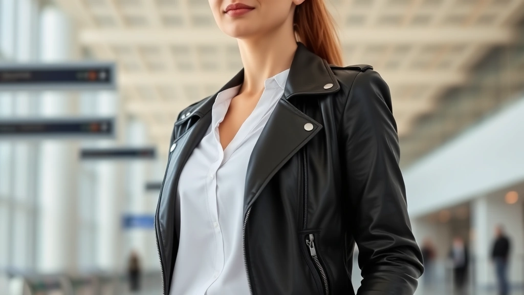 Professional woman wearing sleek black leather flight jacket over white shirt, standing confidently in modern airport terminal with natural lighting, minimalist background