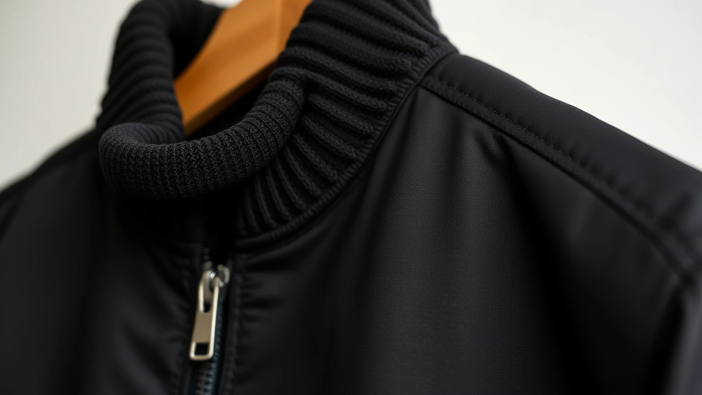Close-up detail shot of quality black flight jacket showing ribbed knit collar, metal zipper hardware, and textured fabric texture, hung on wooden hanger