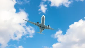 Boeing 787 Dreamliner aircraft in flight against blue sky with white clouds, professional wide-angle exterior shot showing aircraft in cruise