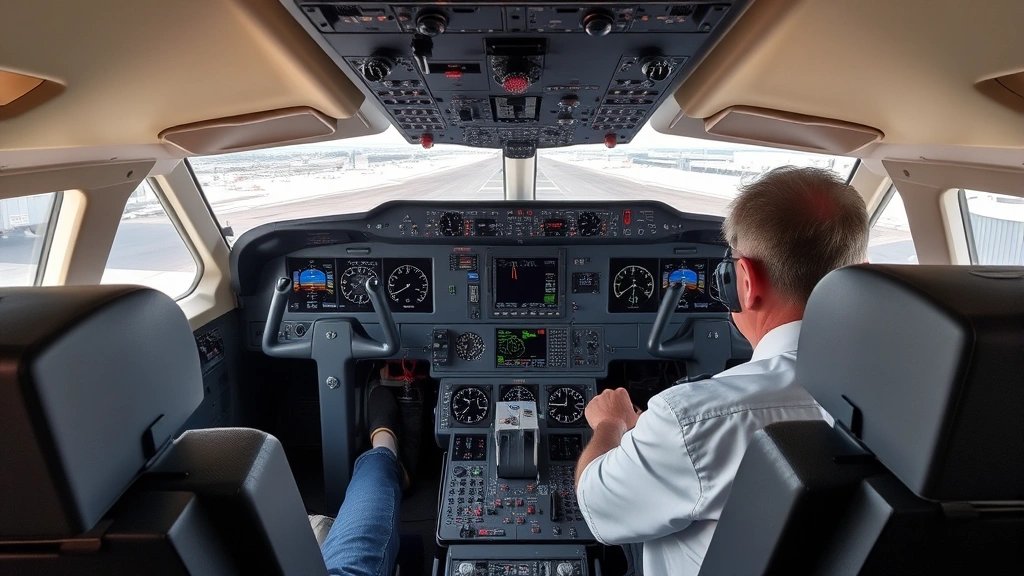 Commercial airplane cockpit interior showing pilot at controls with multiple instrument displays and flight systems visible during normal operations