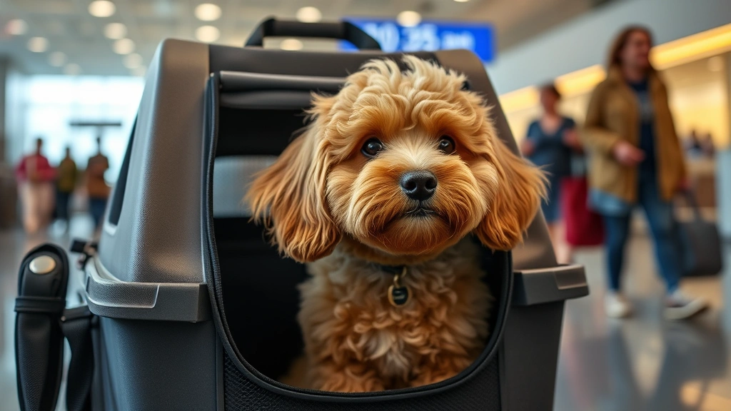 Golden retriever-poodle mix (bordoodle) sitting calmly inside an airline-approved pet carrier in an airport terminal with blurred passengers walking in background, natural lighting