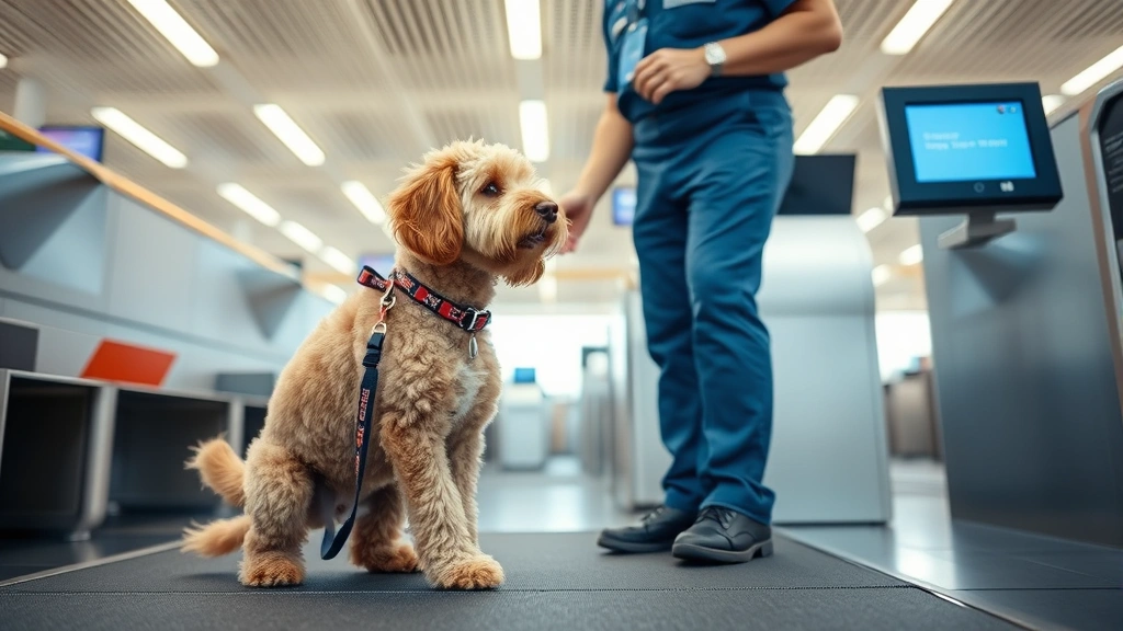 Bordoodle dog being examined by TSA officer at airport security checkpoint, dog on leash looking relaxed, security equipment visible but no text on screens