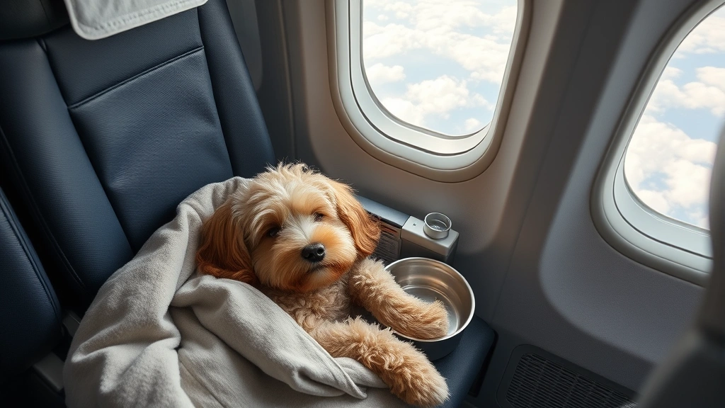 Bordoodle resting peacefully in airline seat area with water bowl and comfort blanket during flight, window seat with clouds visible outside, cabin interior shown softly