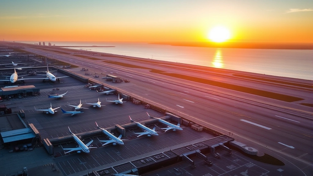 Aerial view of Boston Logan Airport terminals with planes lined up at gates during golden hour sunset, showing runway and taxiway infrastructure, New England coast visible in background