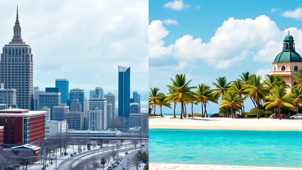 Split-screen comparison showing Boston winter snow-covered cityscape on left side transitioning to Miami tropical beach scene with palm trees and blue ocean on right side, representing travel contrast