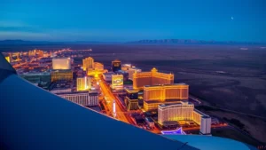 Aerial view of Las Vegas Strip with bright lights and casinos at night, airplane wing visible in foreground, desert landscape surrounding the city