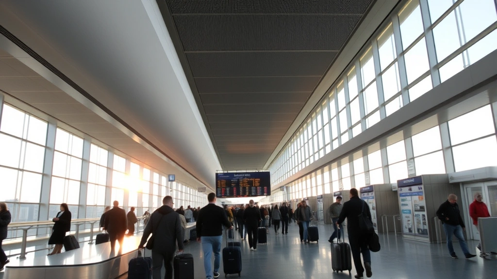 Boston Logan International Airport departure hall with modern architecture, travelers with luggage, departure board visible in background, morning light streaming through windows