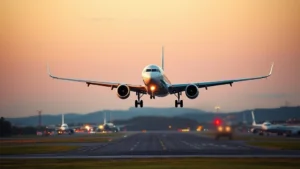 Photorealistic modern commercial airplane landing at Boston Logan Airport during golden hour with runway lights visible, no text or signage visible, clear sky with minimal clouds, professional aviation photography style