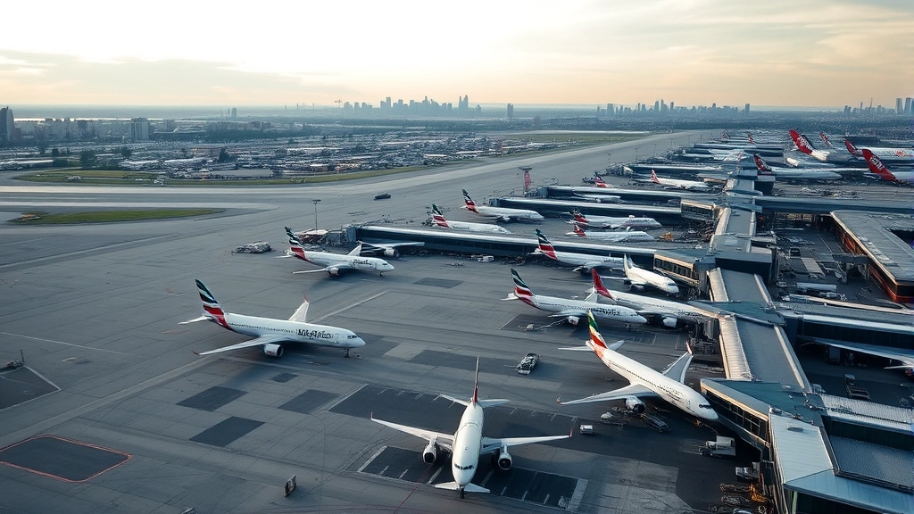 Aerial view of Boston Logan International Airport with multiple aircraft parked at gates, city skyline visible in background, professional aviation photography, daytime lighting