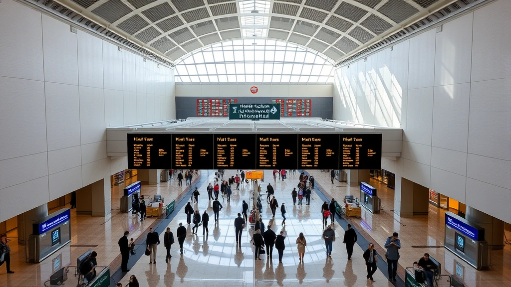 Hartsfield-Jackson Atlanta International Airport modern terminal interior with travelers walking through wide corridors, departure boards visible, natural lighting from skylights, contemporary airport architecture