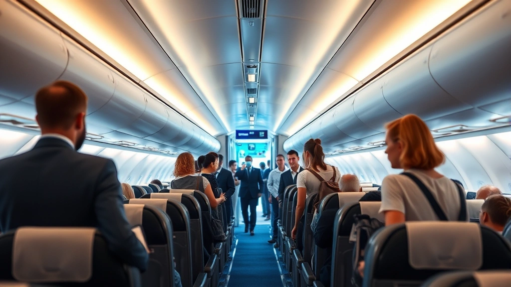 Passengers boarding modern commercial aircraft at gate, flight attendants greeting travelers, interior cabin view showing comfortable seating, professional airline service environment, warm cabin lighting