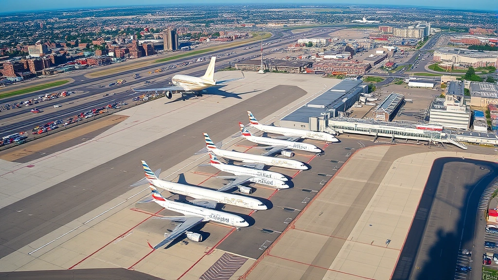 Aerial view of Boston Logan International Airport with aircraft lined up at gates during daytime, showing East Coast urban landscape in background