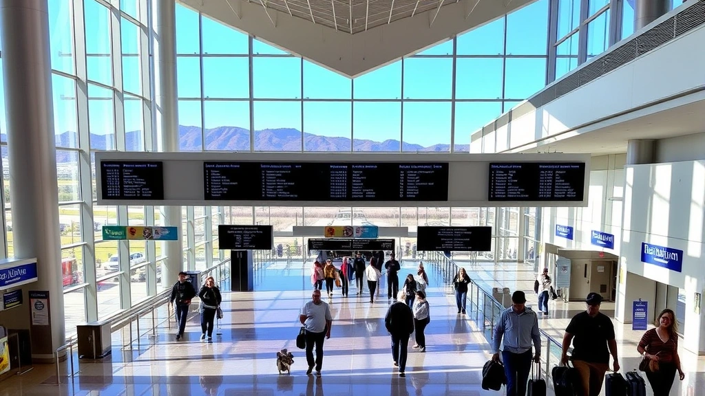 Modern Austin-Bergstrom International Airport terminal interior with travelers walking through spacious corridors and departure boards visible, Texas Hill Country visible through windows
