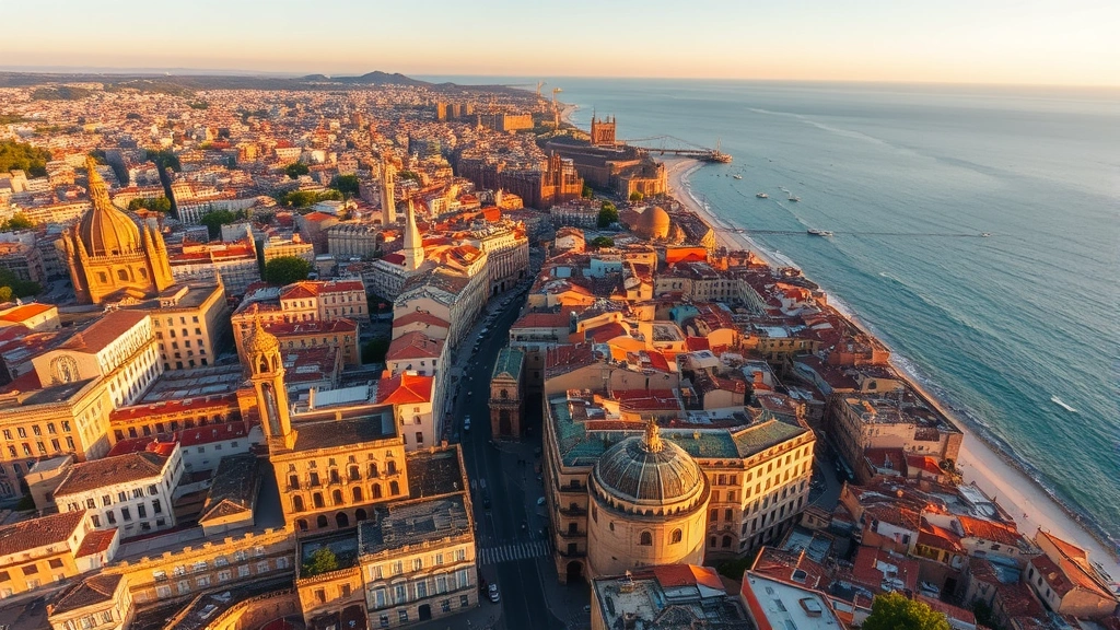 Aerial view of Barcelona's Gothic Quarter with Mediterranean Sea, historic architecture and narrow winding streets visible from above, golden hour lighting