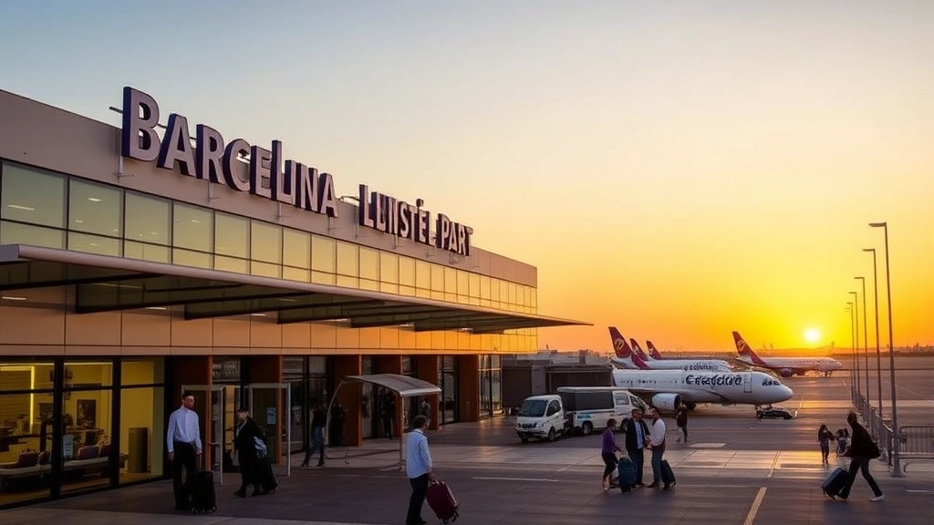 Barcelona-El Prat Airport terminal exterior with modern architecture, planes visible on tarmac, sunset lighting, travelers with luggage near entrance