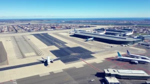 Aerial view of Boston Logan International Airport with commercial aircraft on tarmac, blue sky, modern terminal buildings visible