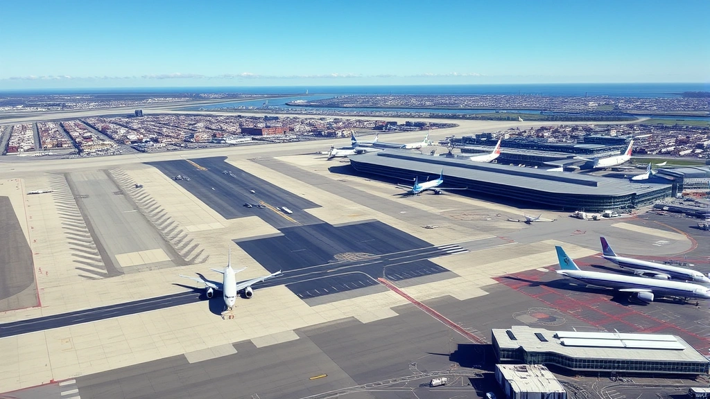 Aerial view of Boston Logan International Airport with commercial aircraft on tarmac, blue sky, modern terminal buildings visible