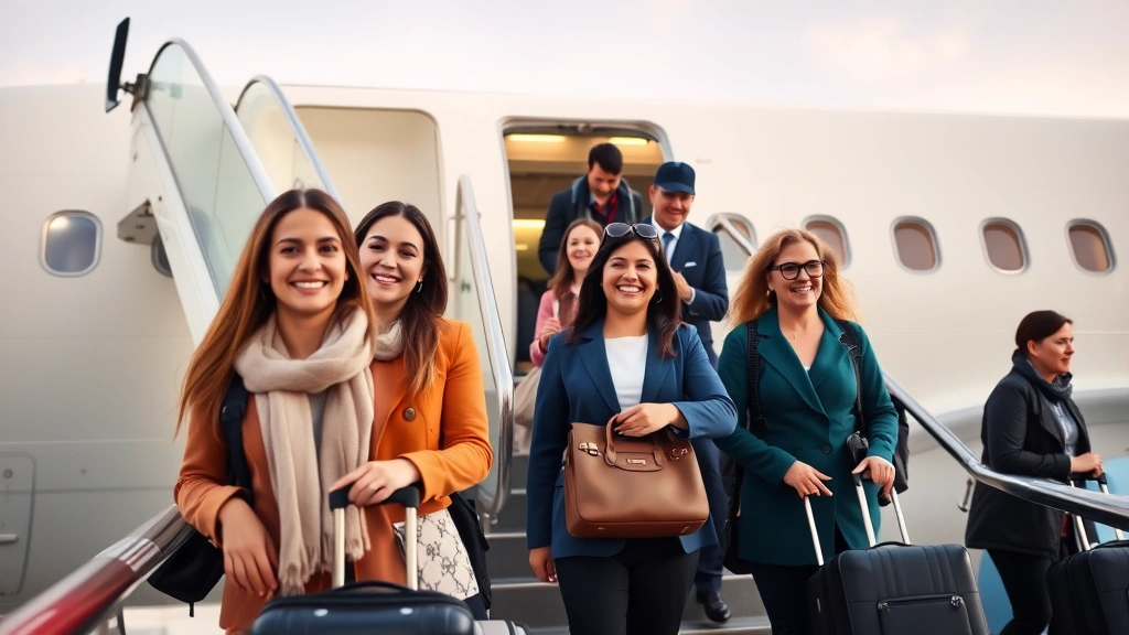 Passenger boarding modern commercial aircraft, smiling travelers with luggage, boarding bridge, cabin crew assisting, professional atmosphere