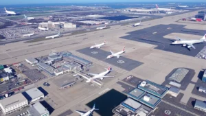 Aerial view of Boston Logan International Airport with multiple aircraft at gates, terminal buildings, and runway infrastructure visible, daytime lighting, clear weather conditions
