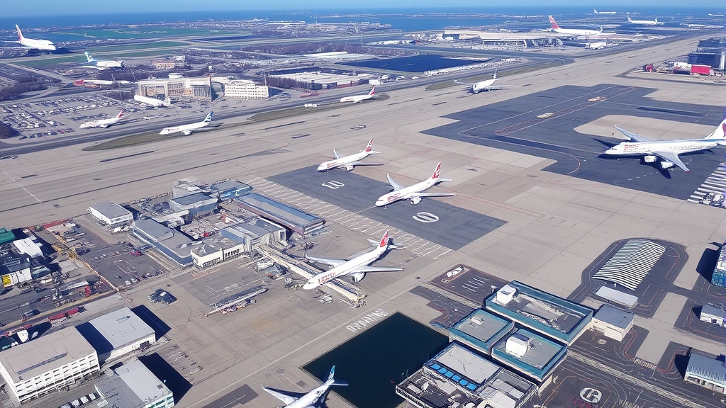 Aerial view of Boston Logan International Airport with multiple aircraft at gates, terminal buildings, and runway infrastructure visible, daytime lighting, clear weather conditions