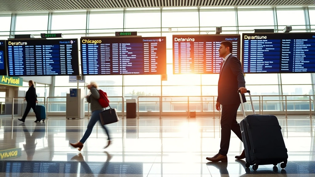 Business traveler in airport terminal with carry-on luggage, walking past departure boards showing Boston to Chicago flights, modern airport interior with large windows and natural lighting