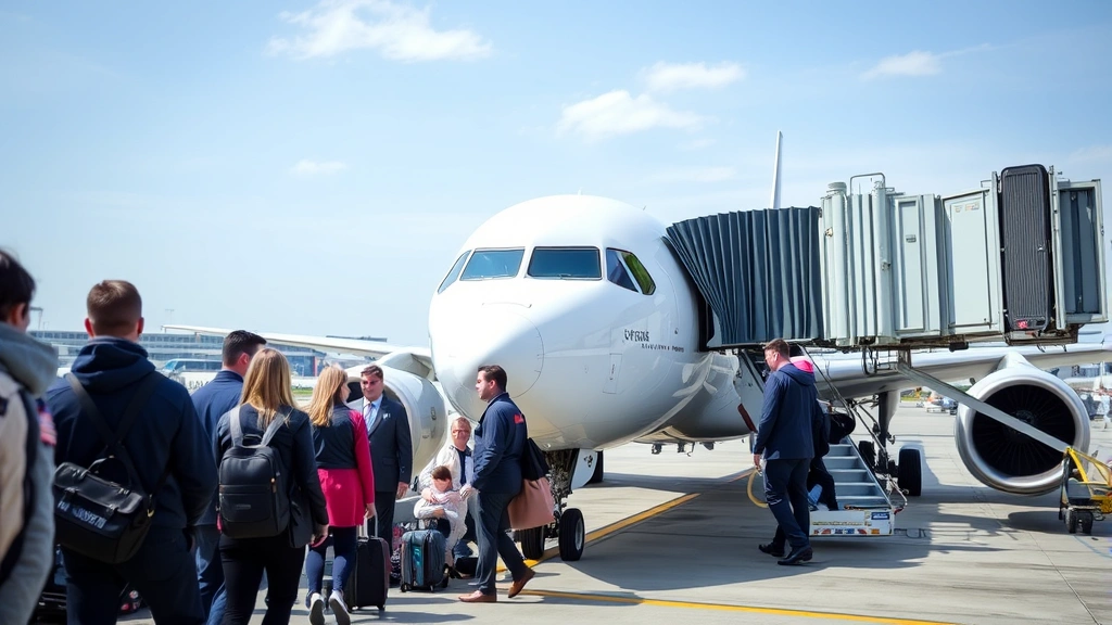 Passengers boarding a commercial aircraft at Chicago O'Hare, jet bridge connecting to aircraft fuselage, ground crew and airport vehicles visible, professional travel scene