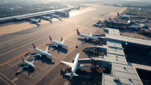 Aerial view of Boston Logan International Airport with planes at gates, morning sunlight, bustling tarmac activity, realistic photography style
