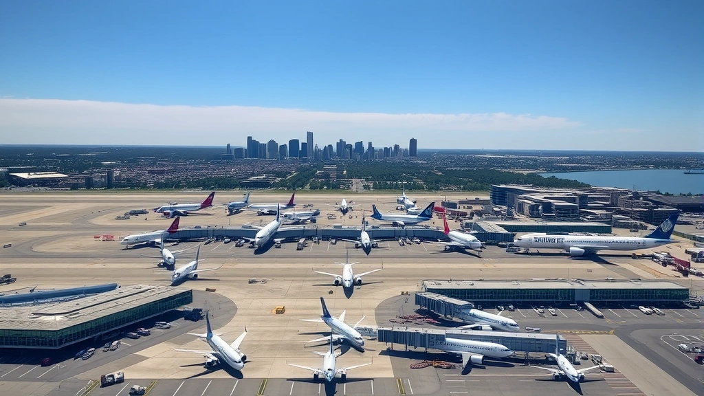 Aerial view of Boston Logan Airport with planes at gates and city skyline in background, bright daylight, professional aviation photography