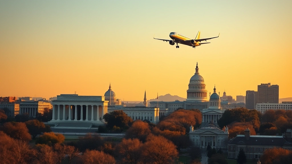 Washington DC skyline featuring Lincoln Memorial and Capitol Building with airplane flying overhead, golden hour lighting, clear sky