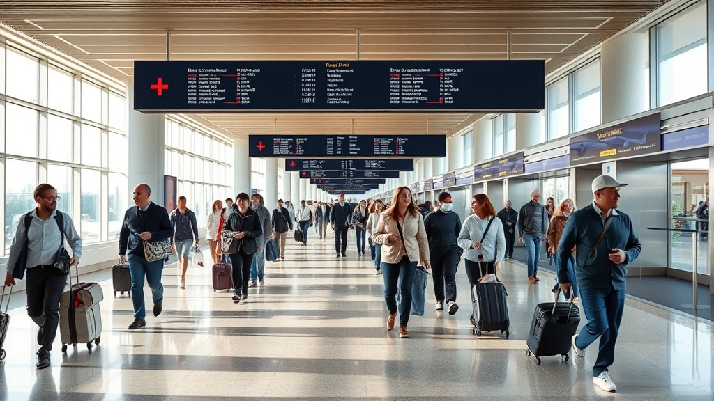 Busy airport terminal corridor with travelers walking with luggage, modern gates, departure boards visible, natural lighting from windows