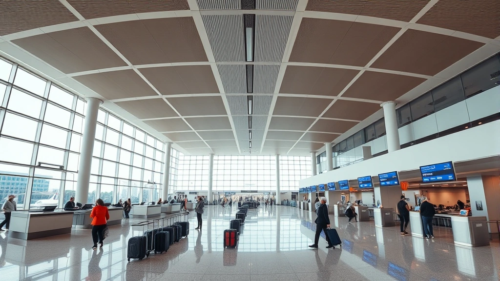 Wide-angle photograph of Boston Logan Airport terminal interior showing check-in counters and travelers with luggage, modern airport architecture with natural lighting