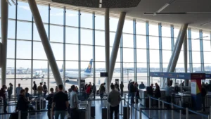 Boston Logan Airport departure terminal interior with modern architecture, aircraft visible through windows, travelers checking in at ticket counters, natural daylight streaming through glass walls, bustling airport activity, professional photography style, no visible text or signage with letters