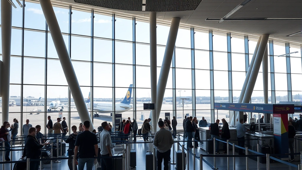 Boston Logan Airport departure terminal interior with modern architecture, aircraft visible through windows, travelers checking in at ticket counters, natural daylight streaming through glass walls, bustling airport activity, professional photography style, no visible text or signage with letters