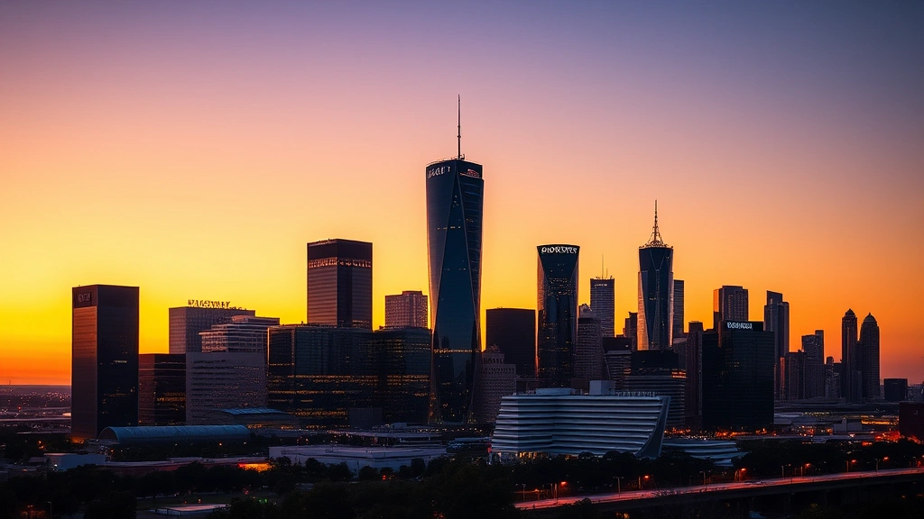 Houston skyline at sunset with illuminated modern skyscrapers, downtown cityscape with glass buildings reflecting golden light, urban landscape photography, no people or text visible, professional travel destination imagery, vibrant city evening atmosphere