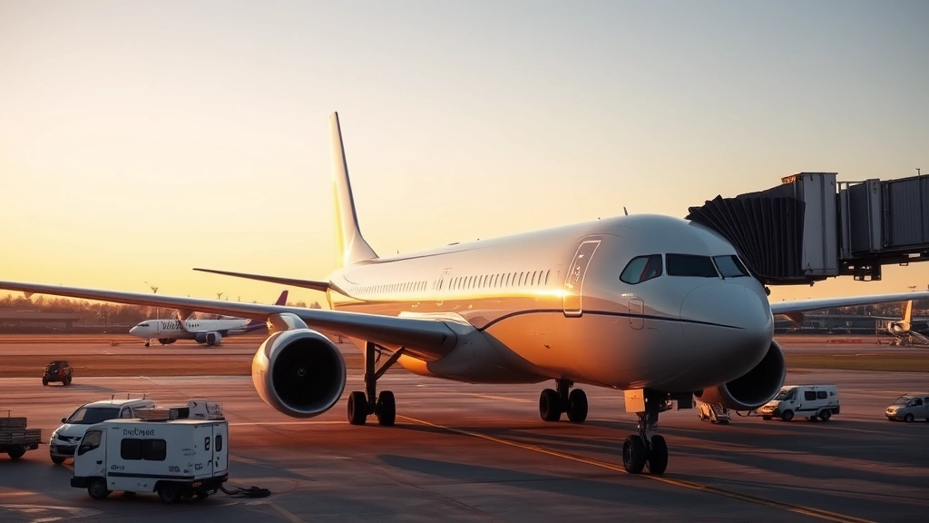 Commercial aircraft on tarmac during golden hour with airport ground services, airplane exterior detail with engines visible, boarding bridge connected to fuselage, ground crew vehicles nearby, aviation photography style, clear sky background, no visible aircraft registration numbers or text
