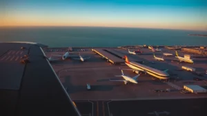 Aerial view of Boston Logan International Airport with planes on tarmac, Atlantic Ocean visible in background, golden hour lighting
