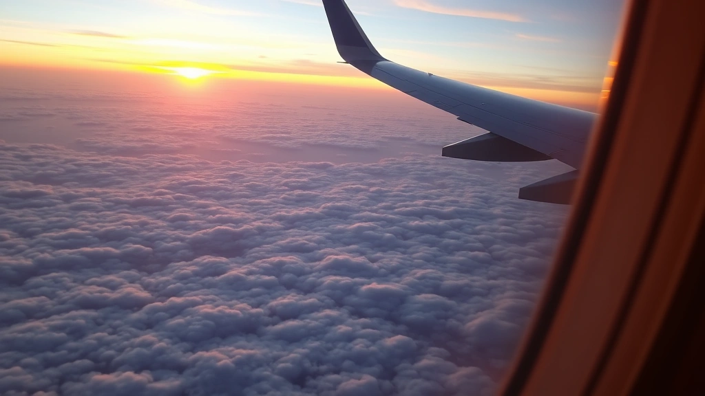 Modern Boeing 777 aircraft in flight over Atlantic Ocean at sunset, wing visible with clouds below, realistic cabin window perspective