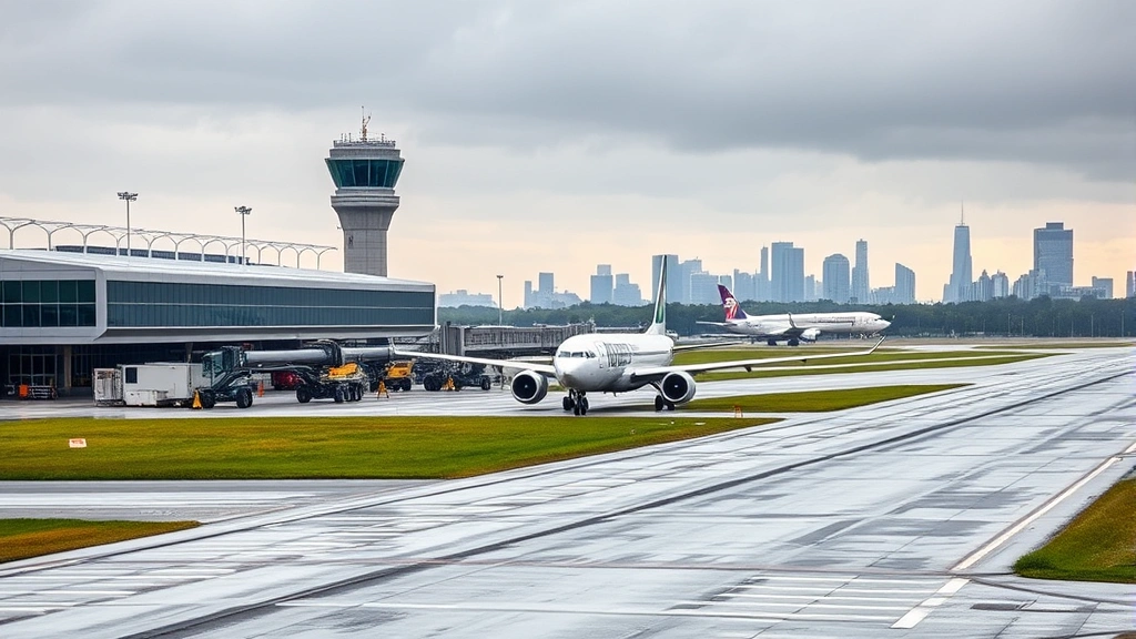 London Heathrow Airport terminal building with aircraft arriving, wet runway after rain, city skyline visible in distance