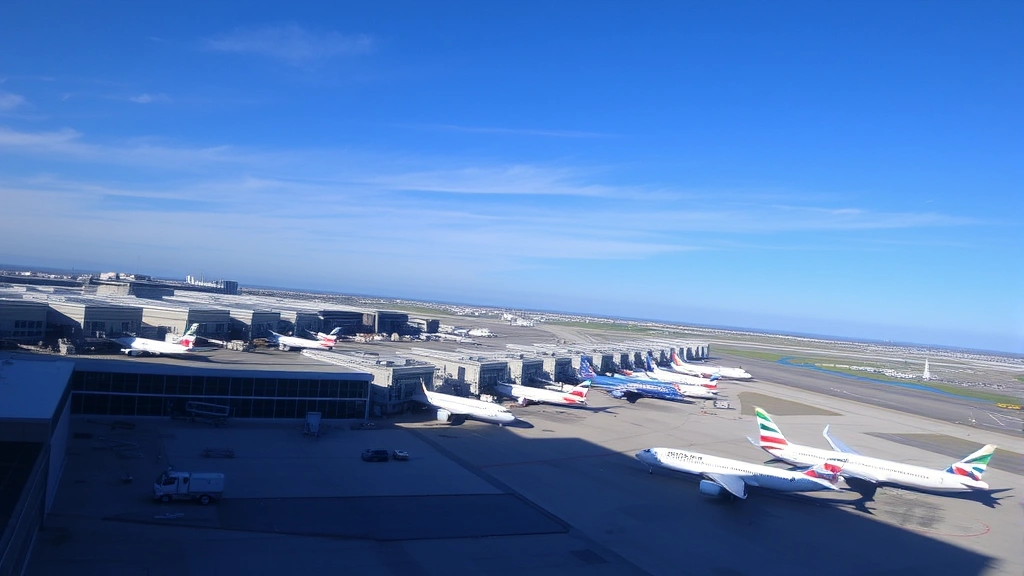 Aerial view of Boston Logan International Airport with commercial aircraft lined up at gates, blue sky, daytime, photorealistic, no text