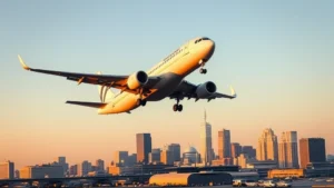 Modern commercial airplane ascending from Boston Logan Airport with city skyline visible below, golden hour lighting, clear skies, dynamic motion