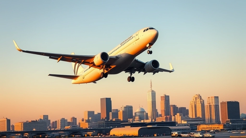 Modern commercial airplane ascending from Boston Logan Airport with city skyline visible below, golden hour lighting, clear skies, dynamic motion